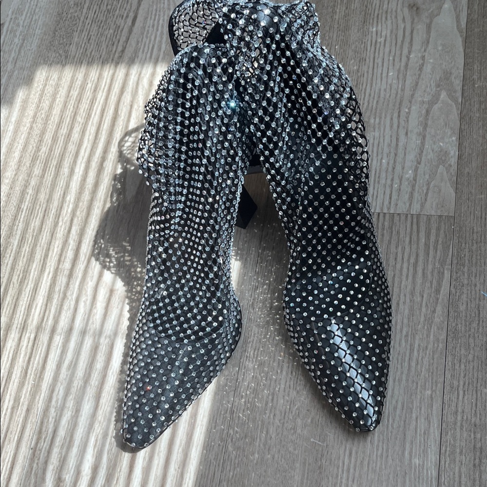 Mango Black Crystal Embellished Pointed Ankle Boots